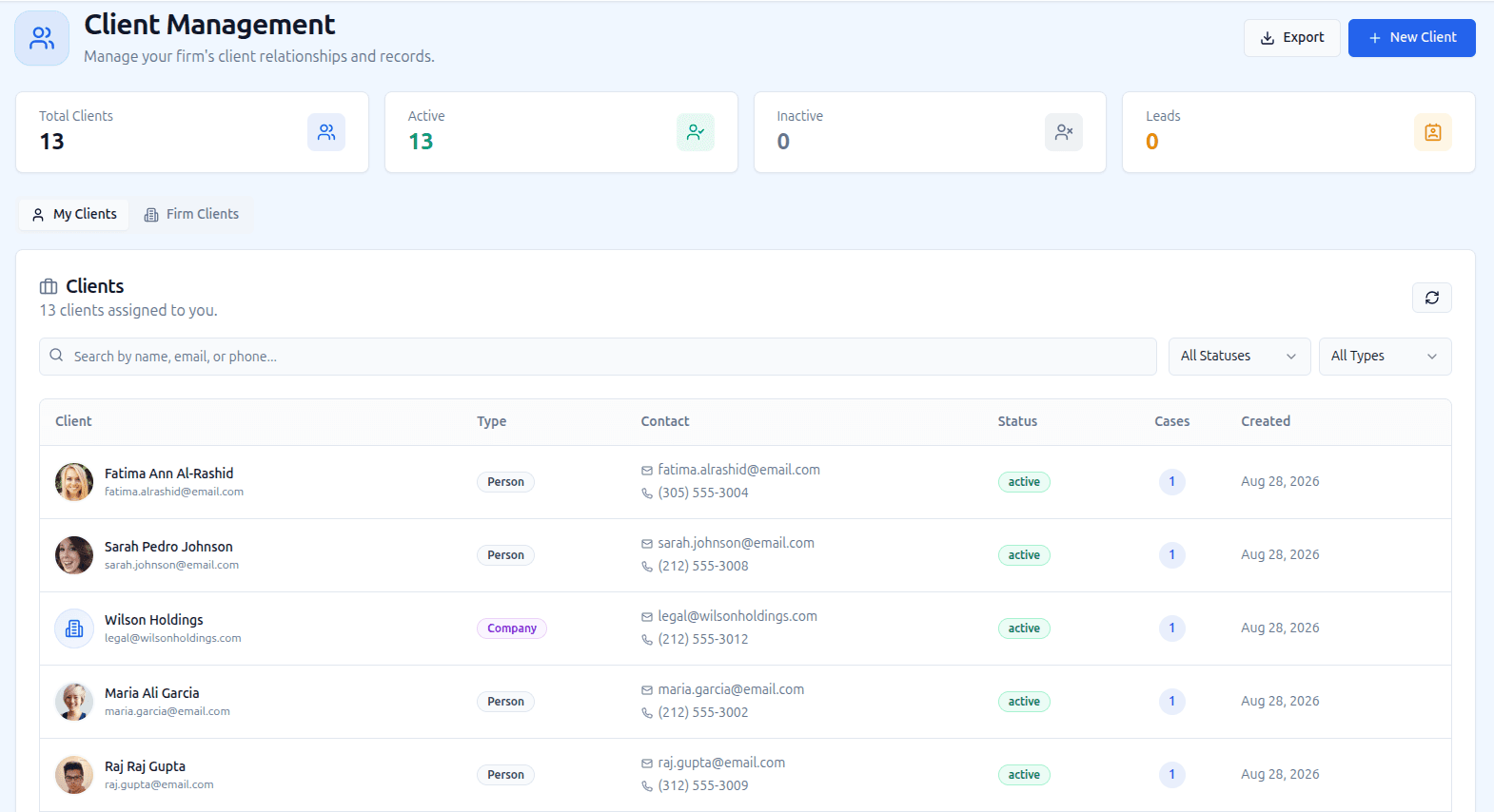 Client Management — search, filter and manage your entire client roster with full contact details and matter linkage