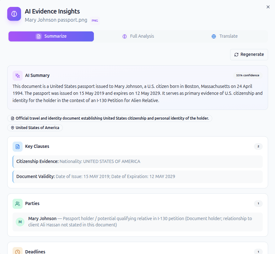 AI Evidence Insights showing extracted entities, document classification, and evidence chains