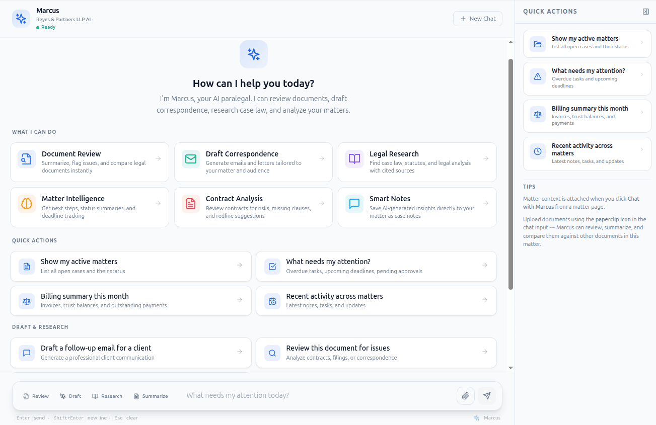 Marcus — Firm Orchestrator — welcome screen with quick actions and capabilities