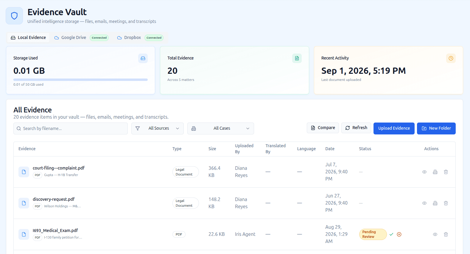 Evidence Vault — unified intelligence storage for files, emails, meetings, and transcripts